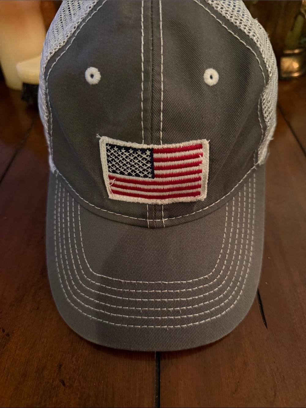 Kids Grey Mesh Back Baseball Cap with American Flag Patch